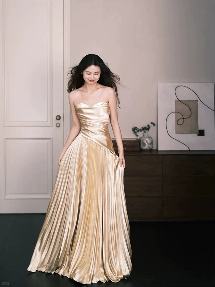 Einfache A-Linie Sweetheart Gold Satiniert Abend Frühling Sommer Strand Formelle Hochzeitsgast Kleider N3922