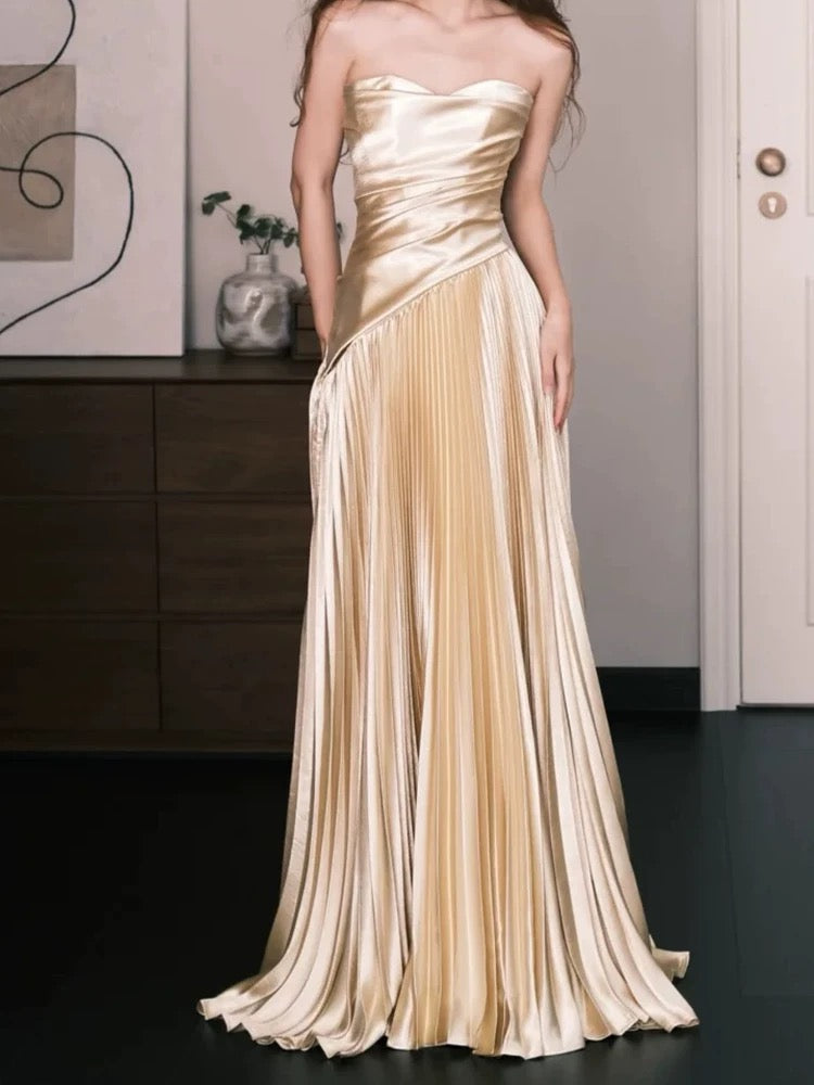 Einfache A-Linie Sweetheart Gold Satiniert Abend Frühling Sommer Strand Formelle Hochzeitsgast Kleider N3922