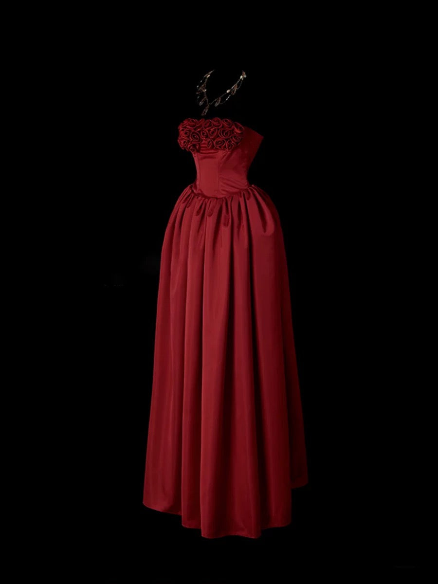 Cute Prom Dresses Ball Gown Strapless Burgundy With 3D Flowers Long Formal Evening Dress N3929