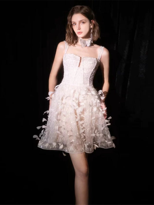 Sparkly A line Spaghetti Strap White Sequin Short Mini Party Dress Cocktail Homecoming Dresses N3930