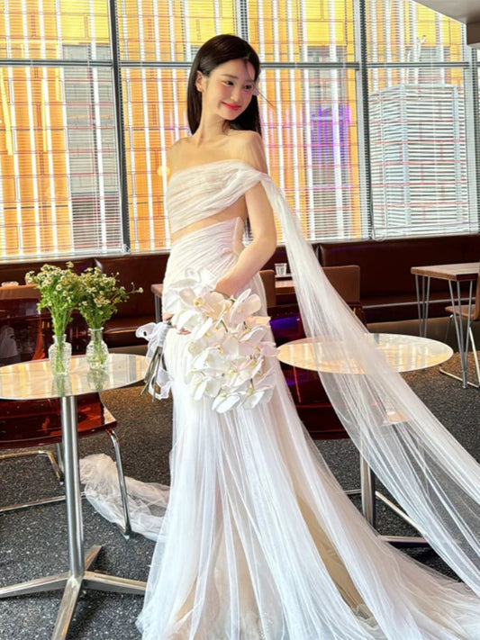 Romantic Wedding Dresses Mermaid Off The Shoulder White Tulle With Sleeves Summer Garden Wedding Gown N3932