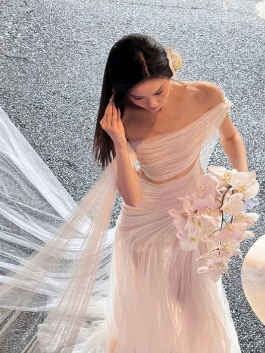 Romantic Wedding Dresses Mermaid Off The Shoulder White Tulle With Sleeves Summer Garden Wedding Gown N3932