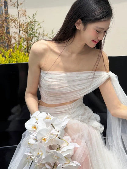 Romantische Brautkleider Meerjungfrau Off Shoulder Weißer Tüll Mit Ärmeln Sommer Garten Hochzeitskleid N3932