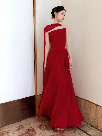 Simple A Line Strapless Red Chiffon Evening Spring Summer Beach Formal Wedding Guest Dresses N3933