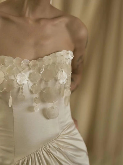 Romantische Brautkleider Meerjungfrau Sweetheart Weißer Satin Französischer Stil Sommer Garten Hochzeit Hochzeitskleid N3935