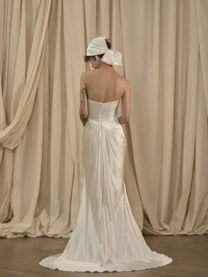 Romantische Brautkleider Meerjungfrau Sweetheart Weißer Satin Französischer Stil Sommer Garten Hochzeit Hochzeitskleid N3935