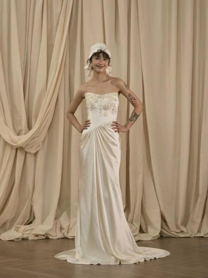 Romantische Brautkleider Meerjungfrau Sweetheart Weißer Satin Französischer Stil Sommer Garten Hochzeit Hochzeitskleid N3935