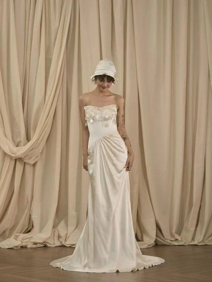 Romantische Brautkleider Meerjungfrau Sweetheart Weißer Satin Französischer Stil Sommer Garten Hochzeit Hochzeitskleid N3935