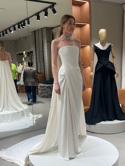 Romantic Wedding Dresses Mermaid Strapless White Satin Slit French Style Summer Garden Wedding Gown N3936