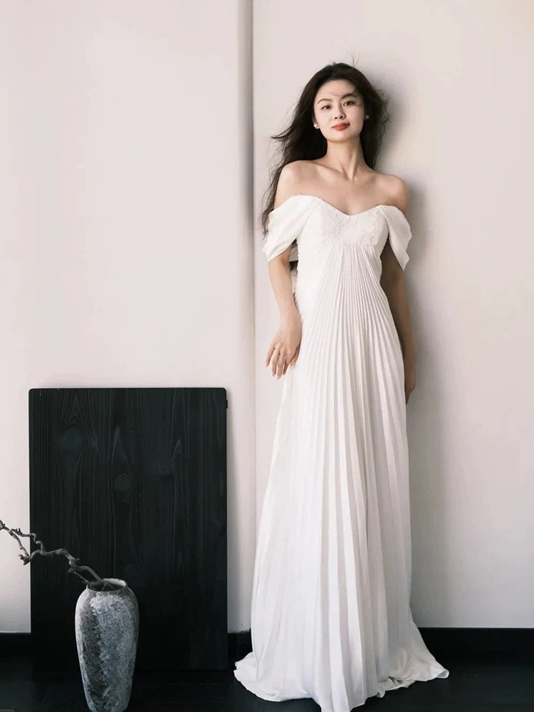 Schlichte Brautkleider A-Linie Off-Shoulder Weiß Chiffon Französischer Stil Sommergarten Hochzeitskleid N3938