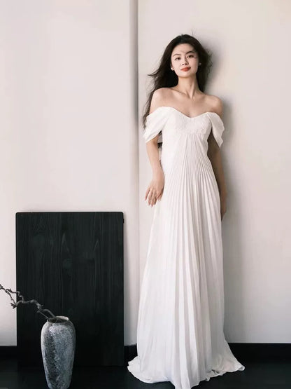 Schlichte Brautkleider A-Linie Off-Shoulder Weiß Chiffon Französischer Stil Sommergarten Hochzeitskleid N3938