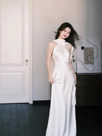 Simple Wedding Dresses A Line Halter White Satin With Scarf French Style Summer Garden Wedding Reception Dress N3939