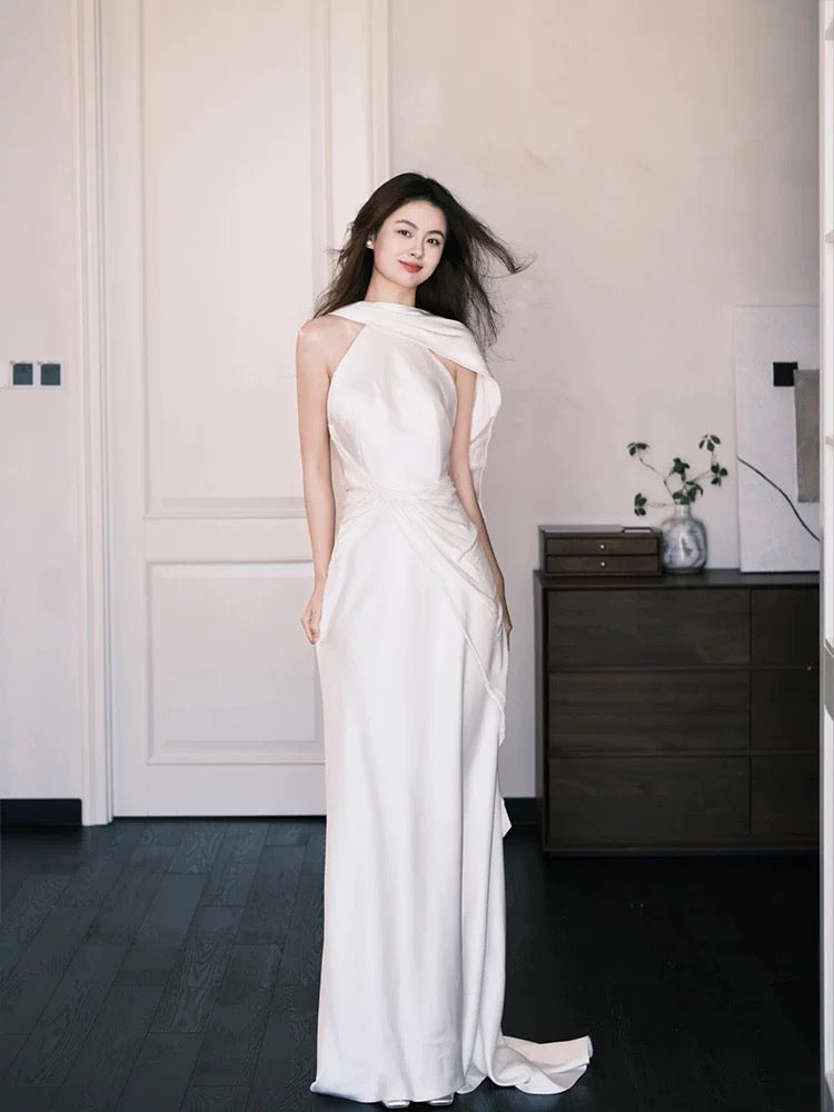 Simple Wedding Dresses A Line Halter White Satin With Scarf French Style Summer Garden Wedding Reception Dress N3939