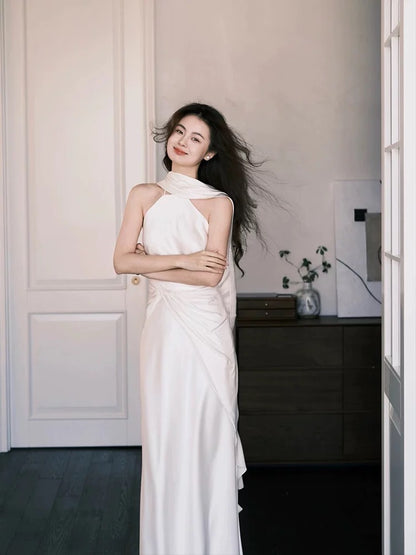 Simple Wedding Dresses A Line Halter White Satin With Scarf French Style Summer Garden Wedding Reception Dress N3939