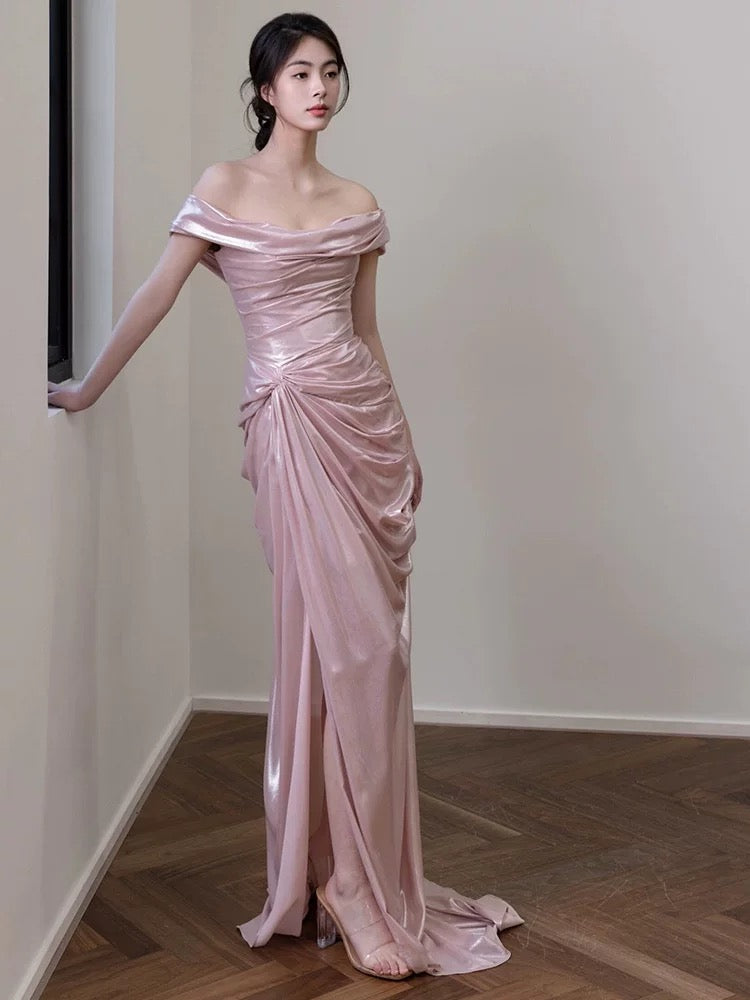 Charmante Ballkleider Meerjungfrau Off-Shoulder Rosa Lange Formelle Abendkleid N3940