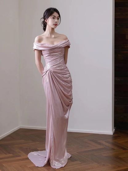 Charmante Ballkleider Meerjungfrau Off-Shoulder Rosa Lange Formelle Abendkleid N3940