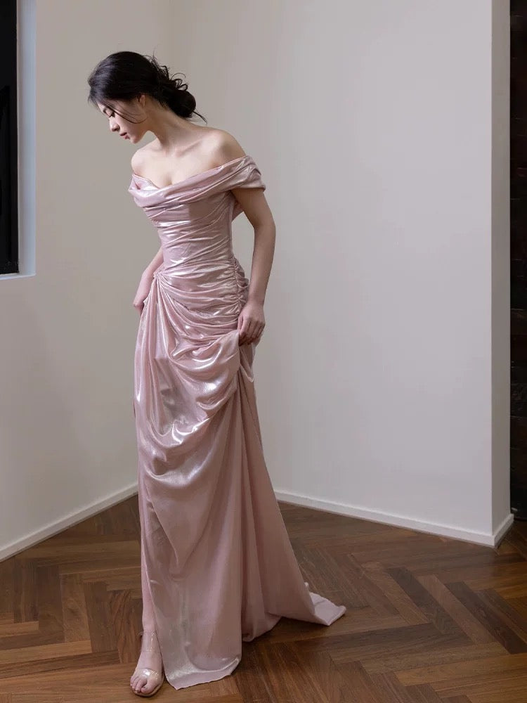 Charmante Ballkleider Meerjungfrau Off-Shoulder Rosa Lange Formelle Abendkleid N3940