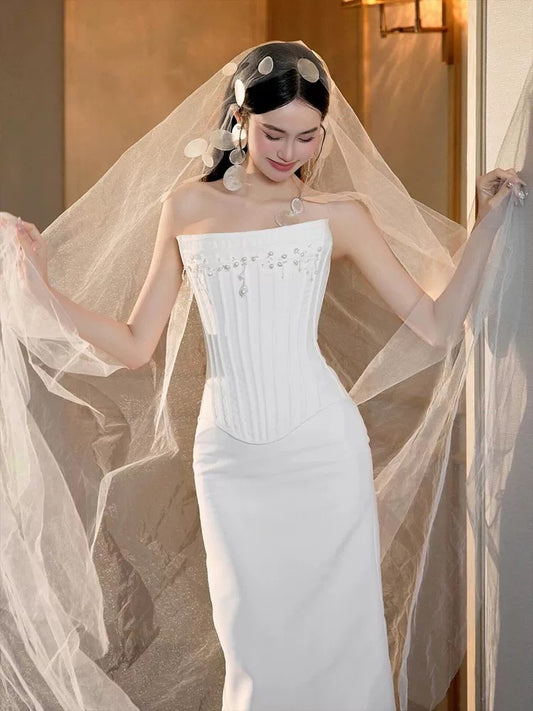 Classy Wedding Dresses Mermaid Strapless White With Pearls Summer Garden Wedding Reception Dress N3942