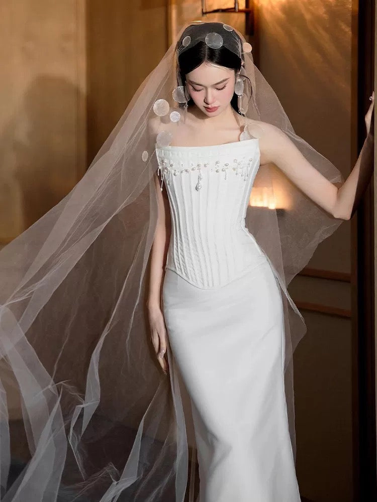 Classy Wedding Dresses Mermaid Strapless White With Pearls Summer Garden Wedding Reception Dress N3942