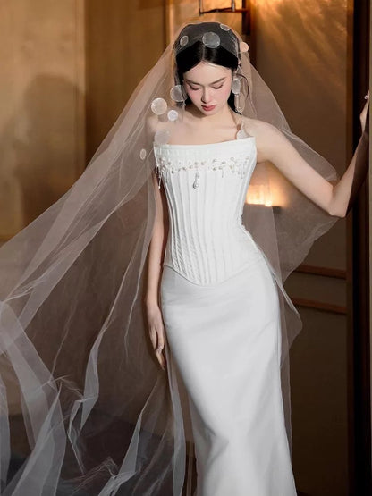 Classy Wedding Dresses Mermaid Strapless White With Pearls Summer Garden Wedding Reception Dress N3942