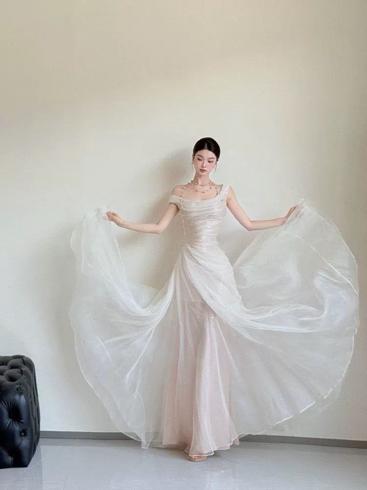 Elegante Brautkleider Meerjungfrau schulterfrei Weiß mit Falten Sommer Garten Hochzeit Empfangskleid N3943