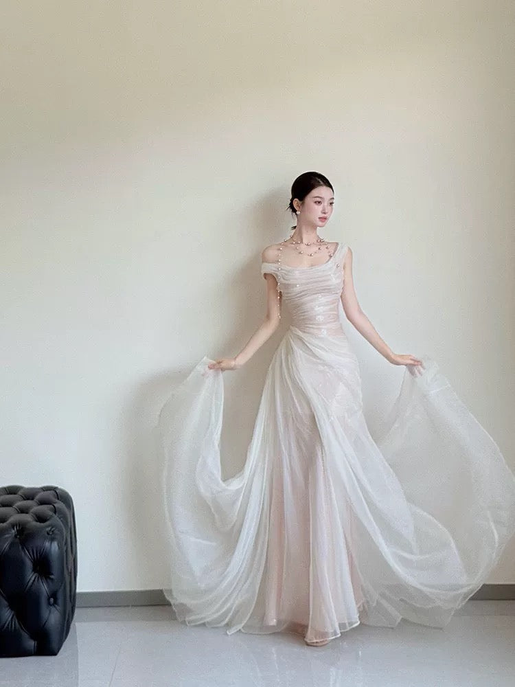 Elegante Brautkleider Meerjungfrau schulterfrei Weiß mit Falten Sommer Garten Hochzeit Empfangskleid N3943