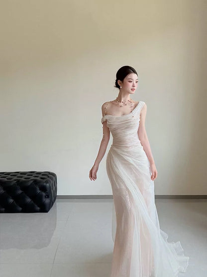 Elegante Brautkleider Meerjungfrau schulterfrei Weiß mit Falten Sommer Garten Hochzeit Empfangskleid N3943