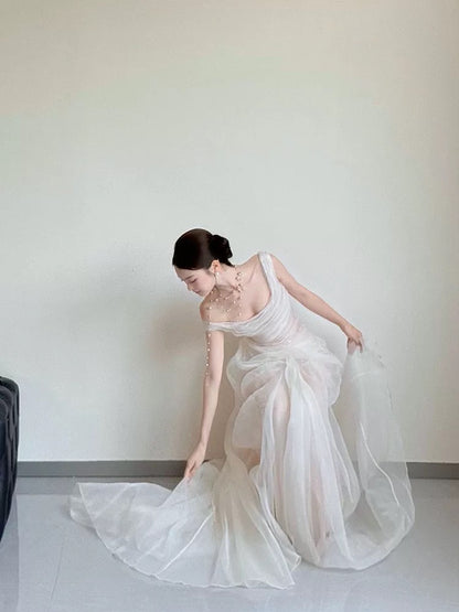 Elegante Brautkleider Meerjungfrau schulterfrei Weiß mit Falten Sommer Garten Hochzeit Empfangskleid N3943