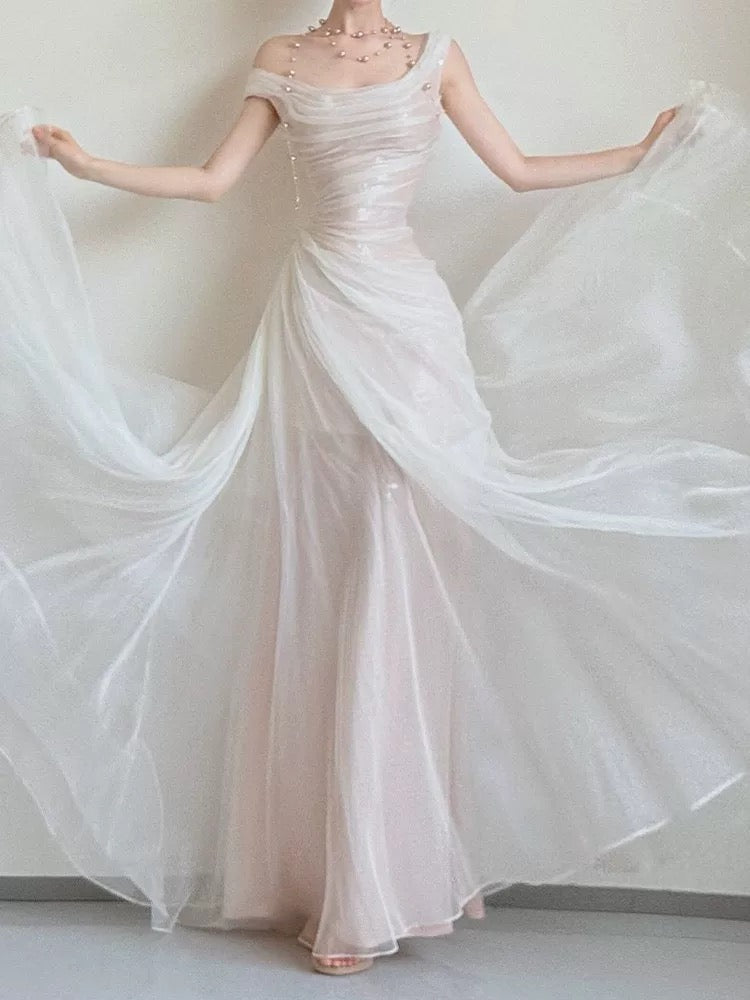 Elegante Brautkleider Meerjungfrau schulterfrei Weiß mit Falten Sommer Garten Hochzeit Empfangskleid N3943