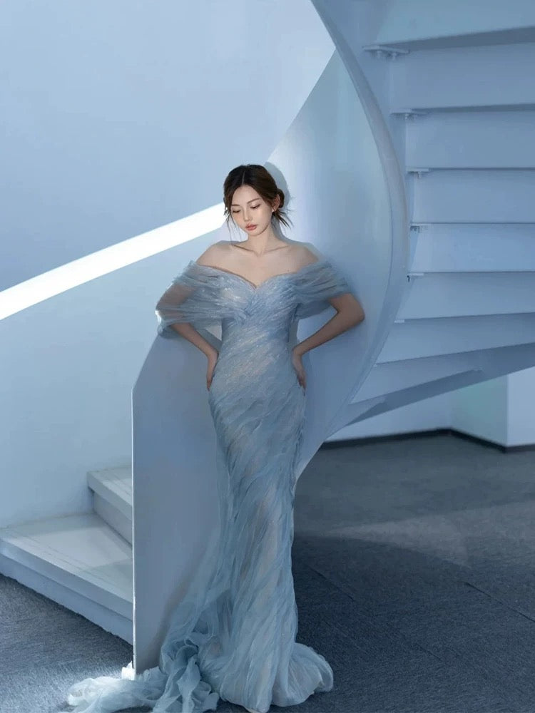 Charmantes Robes de Bal Sirène Épaules Dénudées Bleu Ciel Clair Longue Robe de Soirée Formelle N3946