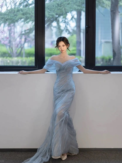 Charmantes Robes de Bal Sirène Épaules Dénudées Bleu Ciel Clair Longue Robe de Soirée Formelle N3946