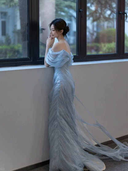 Charmantes Robes de Bal Sirène Épaules Dénudées Bleu Ciel Clair Longue Robe de Soirée Formelle N3946