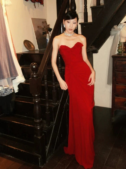 Robes de bal sexy Sirène bustier rouge mousseline sans manches longue robe de soirée formelle N3949