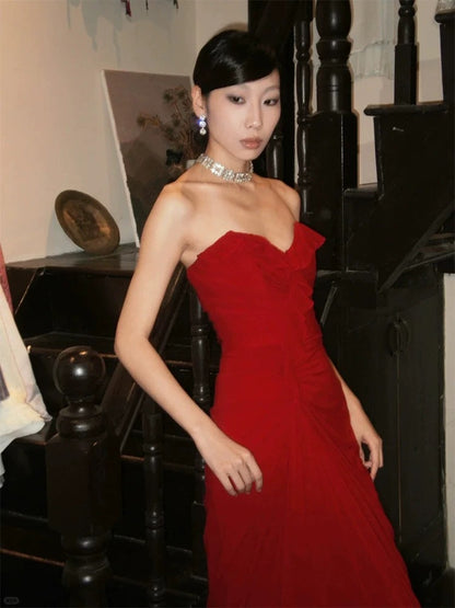 Robes de bal sexy Sirène bustier rouge mousseline sans manches longue robe de soirée formelle N3949