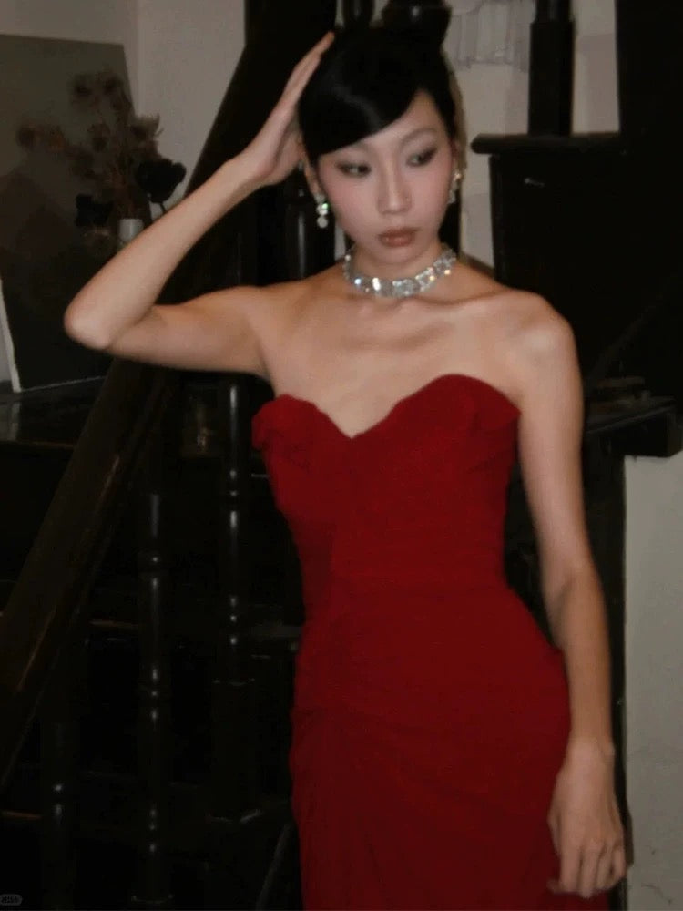 Robes de bal sexy Sirène bustier rouge mousseline sans manches longue robe de soirée formelle N3949