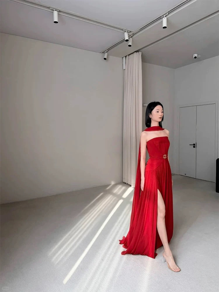 Simple A line Strapless Red Chiffon With Scarf Prom Spring Summer Beach Formal Wedding Guest Dresses N3950
