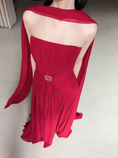 Simple A line Strapless Red Chiffon With Scarf Prom Spring Summer Beach Formal Wedding Guest Dresses N3950