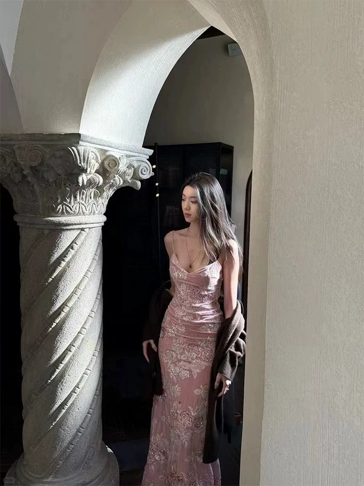 Wunderschöne Abiballkleider Meerjungfrau Spaghetti-Träger Pink Spitze Langes Formelles Abendkleid N3953