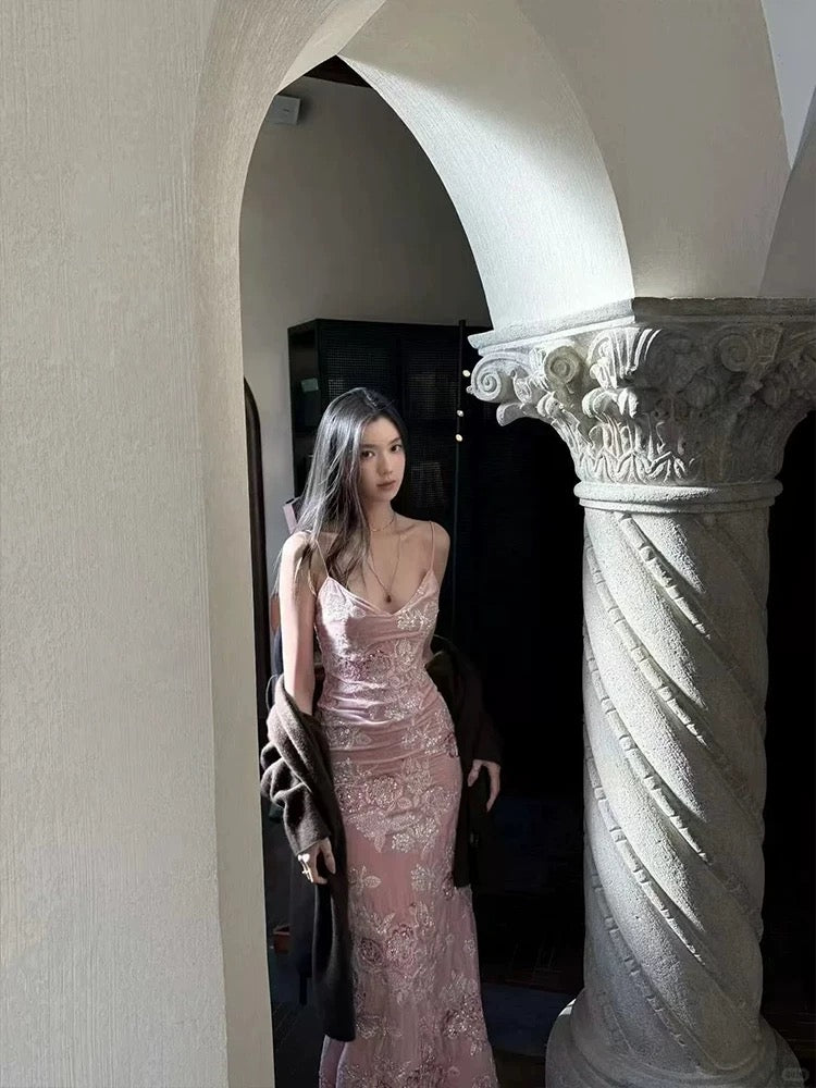 Wunderschöne Abiballkleider Meerjungfrau Spaghetti-Träger Pink Spitze Langes Formelles Abendkleid N3953