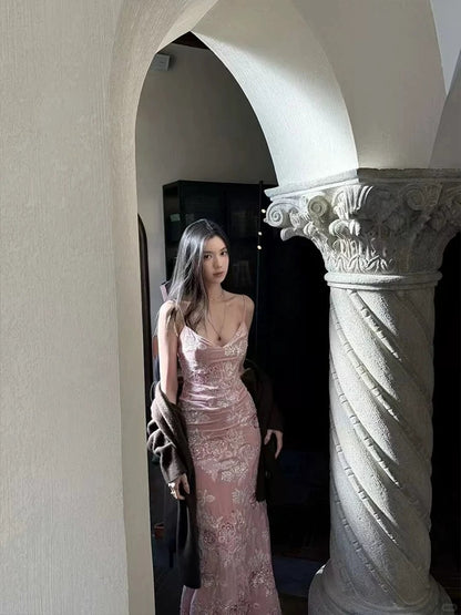 Wunderschöne Abiballkleider Meerjungfrau Spaghetti-Träger Pink Spitze Langes Formelles Abendkleid N3953