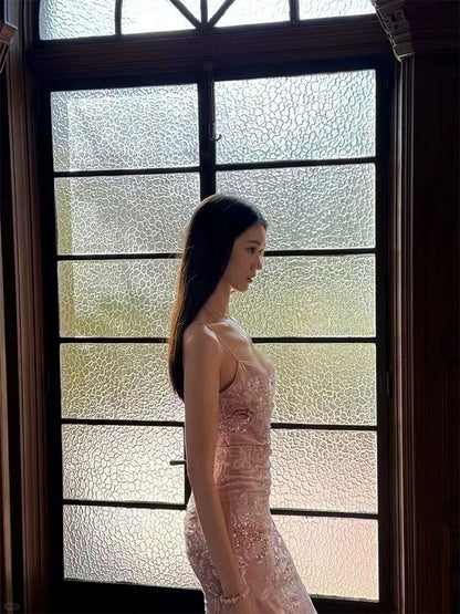 Wunderschöne Abiballkleider Meerjungfrau Spaghetti-Träger Pink Spitze Langes Formelles Abendkleid N3953