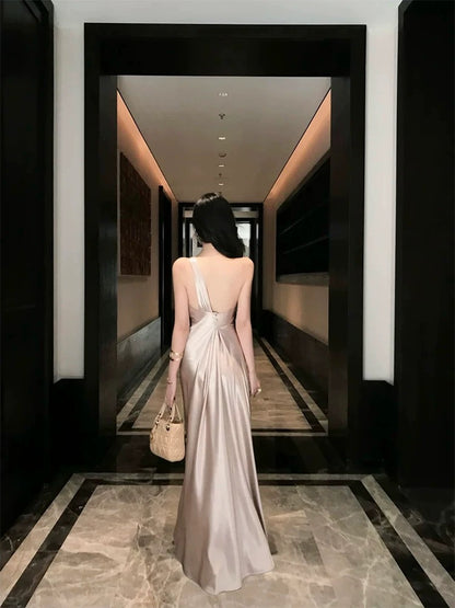 Robes de soirée sexy, sirène, une épaule, satin champagne, sans manches, longue, robe de soirée formelle N3955