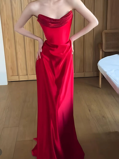 Robe de soirée sirène chic bustier en satin rouge pour les mariages de printemps/été, les événements formels sur la plage ou les invités de mariage N3956