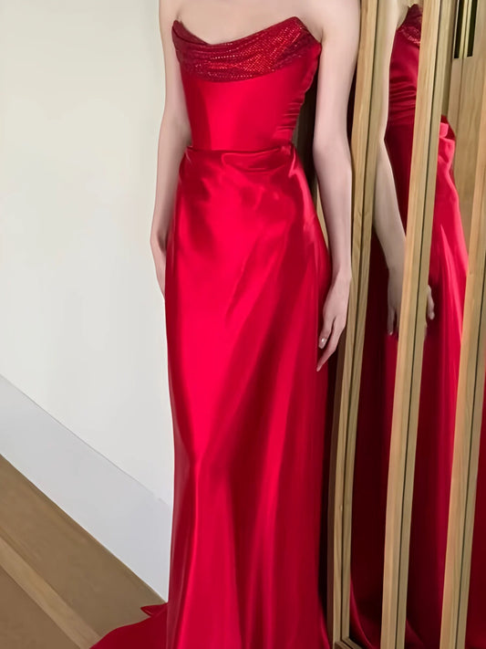 Classy Mermaid Strapless Red Satin Prom Spring Summer Beach Formal Wedding Bridal Guest Dresses N3956