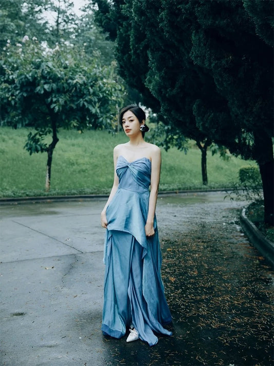 Glam A line Sweetheart Blue Satin Prom Spring Summer Beach Formal Wedding Bridal Guest Dresses N3957