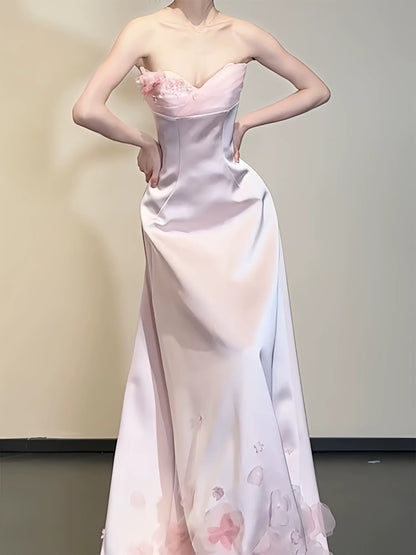 Robes de bal élégantes sirène bustier cœur rose satin sans manches longue robe de soirée formelle N3958