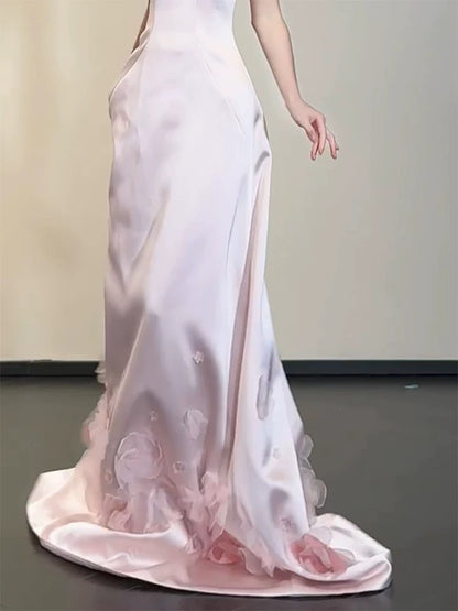 Robes de bal élégantes sirène bustier cœur rose satin sans manches longue robe de soirée formelle N3958