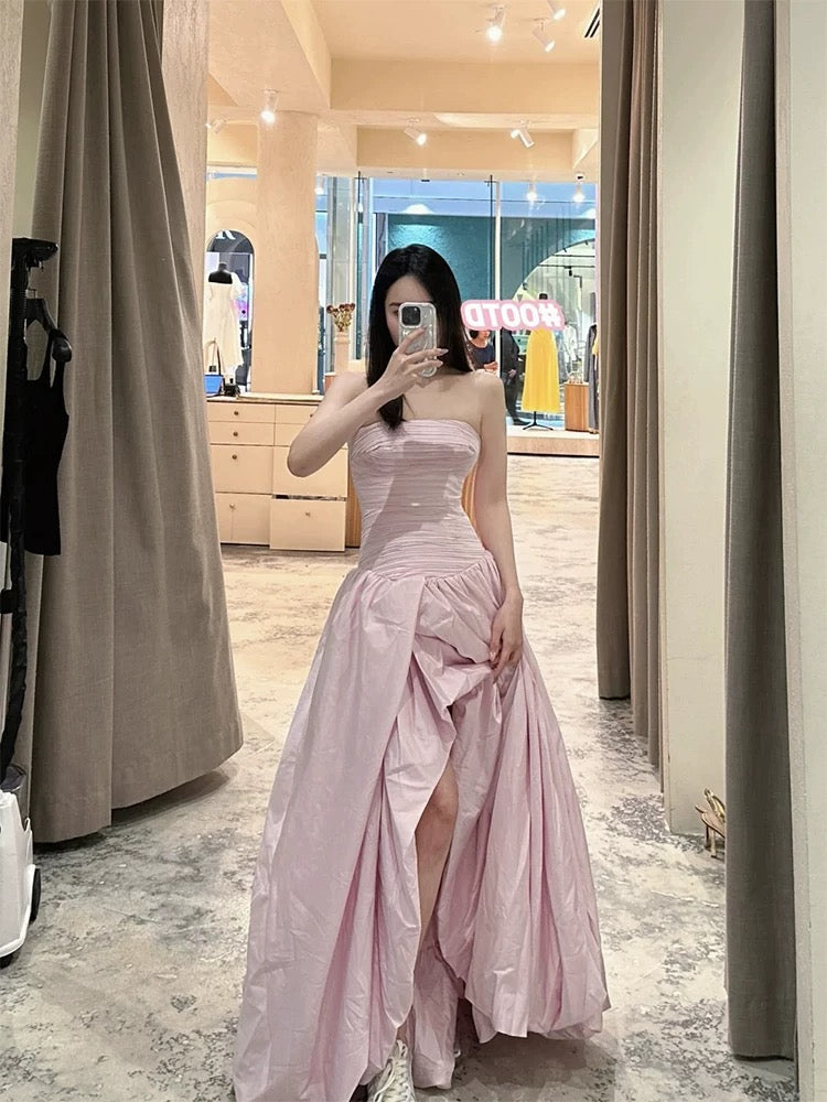 Robe de soirée glamour bustier fendue en satin rose, pour bal de promo, printemps, été, événements formels à la plage, ou invitée de mariage N3960