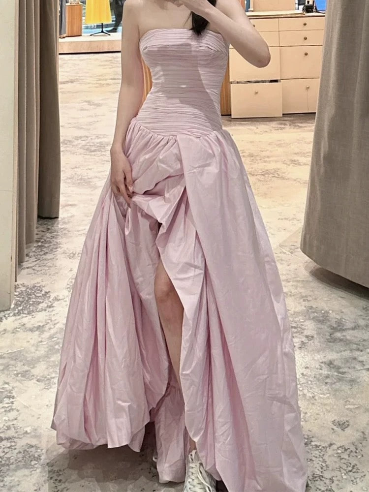 Robe de soirée glamour bustier fendue en satin rose, pour bal de promo, printemps, été, événements formels à la plage, ou invitée de mariage N3960
