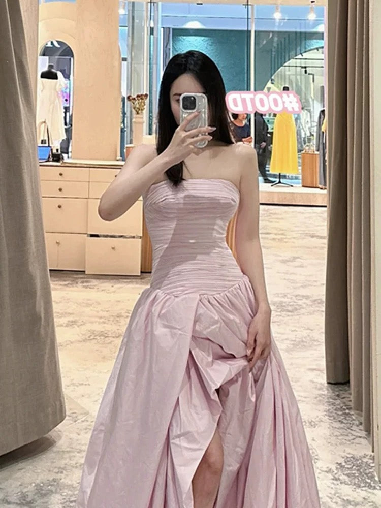 Robe de soirée glamour bustier fendue en satin rose, pour bal de promo, printemps, été, événements formels à la plage, ou invitée de mariage N3960